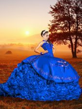  Brush Train Ball Gowns Sweet 16 Quinceanera Dress Blue Sweetheart Organza Sleeveless Lace Up