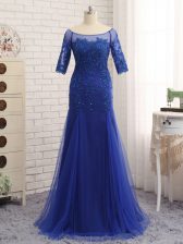  Floor Length Royal Blue Evening Dress Tulle Half Sleeves Lace and Appliques