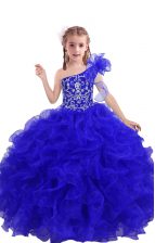  Royal Blue Ball Gowns One Shoulder Sleeveless Organza Floor Length Lace Up Beading and Ruffles Girls Pageant Dresses