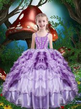 High End Lavender Straps Neckline Beading and Ruffles and Ruffled Layers Kids Formal Wear Sleeveless Lace Up