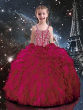 Organza Straps Sleeveless Lace Up Beading and Ruffles Little Girls Pageant Gowns in Hot Pink