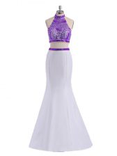 Cute White And Purple Halter Top Neckline Beading Prom Party Dress Sleeveless Criss Cross
