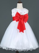  White Tulle Zipper Scoop Sleeveless Knee Length Little Girls Pageant Dress Wholesale Bowknot