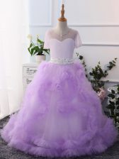  Scoop Short Sleeves Tulle Pageant Gowns For Girls Beading Clasp Handle