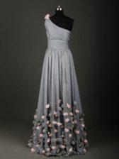 Amazing Floor Length Grey Evening Dress Chiffon Sleeveless Pleated and Belt and Hand Made Flower