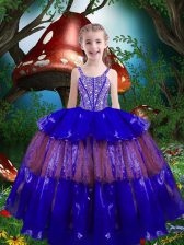  Royal Blue Straps Neckline Beading and Ruffled Layers Pageant Gowns For Girls Sleeveless Lace Up