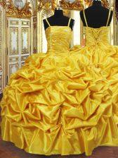  Gold Sleeveless Taffeta Lace Up Quince Ball Gowns for Military Ball and Sweet 16 and Quinceanera