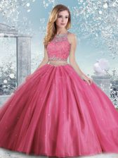 Classical Hot Pink Scoop Clasp Handle Beading and Sequins Vestidos de Quinceanera Sleeveless