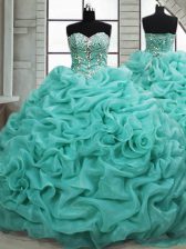 Stunning Turquoise Organza Lace Up Sweetheart Sleeveless Ball Gown Prom Dress Brush Train Beading and Pick Ups