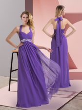  Purple Empire Chiffon Halter Top Sleeveless Beading and Ruching Floor Length Side Zipper Prom Evening Gown