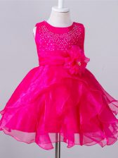 Luxurious Sleeveless Knee Length Beading and Hand Made Flower Zipper Kids Formal Wear with Hot Pink