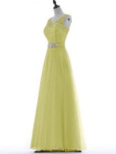 Low Price Yellow Prom and Party and Military Ball with Beading and Lace and Appliques V-neck Sleeveless Zipper