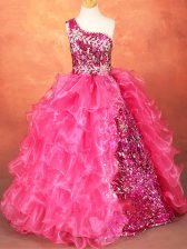  Hot Pink Ball Gowns One Shoulder Sleeveless Organza Floor Length Lace Up Beading and Ruffles and Sequins Little Girl Pageant Dress