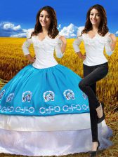 Popular Blue And White 3 4 Length Sleeve Taffeta Lace Up Sweet 16 Dresses for Military Ball and Sweet 16 and Quinceanera