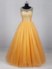 Enchanting Gold Lace Up Prom Party Dress Beading and Sequins Sleeveless Floor Length