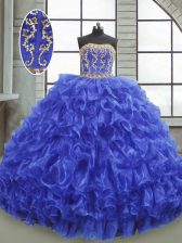 Captivating Royal Blue Lace Up Sweet 16 Dress Beading and Appliques and Ruffles Sleeveless Floor Length