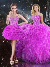  Sweetheart Sleeveless Lace Up Quinceanera Gowns Fuchsia Organza