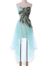  Aqua Blue Sleeveless High Low Appliques Lace Up Dress for Prom