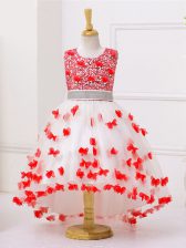 Beautiful White And Red Sleeveless High Low Appliques and Sequins Zipper Girls Pageant Dresses