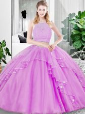 Lace and Ruffled Layers Ball Gown Prom Dress Lilac Zipper Sleeveless Floor Length