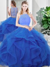 Fancy Floor Length Zipper Quince Ball Gowns Blue for Military Ball and Sweet 16 and Quinceanera with Lace and Ruffles