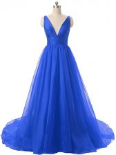  Royal Blue V-neck Neckline Ruching Dress for Prom Sleeveless Backless
