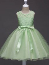 On Sale Sleeveless Lace and Belt Knee Length Little Girls Pageant Gowns