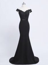 Captivating Black Chiffon and Tulle Zipper Prom Party Dress Sleeveless Brush Train Lace and Appliques and Belt