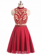 High Quality Red A-line Beading Evening Dress Backless Chiffon Sleeveless Mini Length