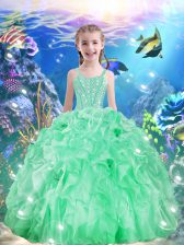 Fashionable Apple Green Organza Lace Up Straps Sleeveless Floor Length Pageant Gowns For Girls Beading and Ruffles