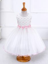 Unique Ball Gowns Pageant Gowns For Girls White Scoop Organza Sleeveless Tea Length Zipper