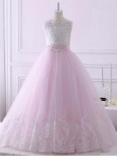  Ball Gowns Sleeveless Baby Pink Pageant Gowns For Girls Brush Train Lace Up