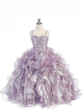 Lavender Sleeveless Floor Length Beading and Ruffles Lace Up Little Girl Pageant Gowns