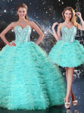 Colorful Floor Length Turquoise 15th Birthday Dress Organza Sleeveless Beading and Ruffled Layers