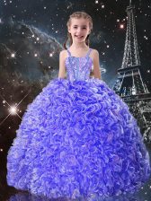 Graceful Blue Organza Lace Up Straps Sleeveless Floor Length Little Girls Pageant Gowns Beading and Ruffles