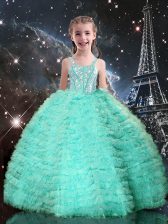 Beauteous Straps Sleeveless Tulle Little Girl Pageant Dress Beading and Ruffled Layers Lace Up