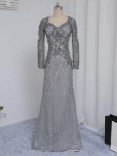 Sophisticated Grey Zipper Prom Evening Gown Beading and Lace Long Sleeves Floor Length