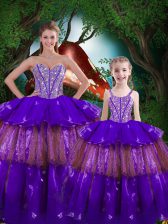  Eggplant Purple Lace Up 15th Birthday Dress Beading and Ruffled Layers Sleeveless Floor Length