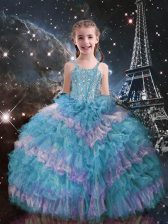  Organza Straps Sleeveless Lace Up Beading and Ruffled Layers Kids Formal Wear in Teal 