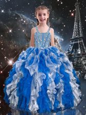 Low Price Straps Sleeveless Organza Little Girls Pageant Gowns Beading and Ruffles Lace Up