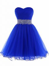 Super Mini Length Royal Blue Dress for Prom Tulle Sleeveless Beading and Ruffles