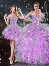  Lilac Ball Gowns Beading and Ruffles Quinceanera Dress Lace Up Organza Sleeveless Floor Length