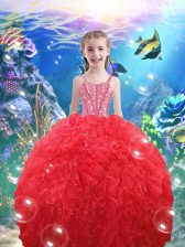 Luxurious Coral Red Little Girls Pageant Gowns Quinceanera and Wedding Party with Beading and Ruffles Straps Sleeveless Lace Up