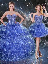 Fancy Blue Sleeveless Organza Lace Up Quinceanera Gown for Military Ball and Sweet 16 and Quinceanera