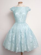 Lace Scalloped Cap Sleeves Lace Up Lace Dama Dress in Light Blue