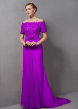 Exquisite Purple Chiffon Zipper Prom Gown Short Sleeves Sweep Train Lace