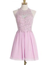 Superior Knee Length Lilac Court Dresses for Sweet 16 Halter Top Sleeveless Lace Up