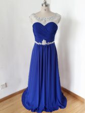  Empire Prom Gown Royal Blue Scoop Chiffon Short Sleeves Floor Length Zipper