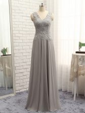  Grey Zipper V-neck Lace and Appliques Prom Dress Chiffon Sleeveless