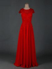 Excellent Red Chiffon Zipper Dress for Prom Cap Sleeves Floor Length Beading